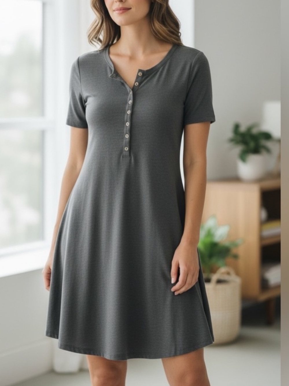 NEW•Zen Bohemian Gray Henley Button Up Comfy Swing Dress•XL• Last 1❗️